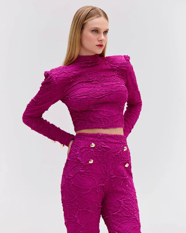 Major Deal Jacquard Mock Neck Cropped Top - Raspberry
