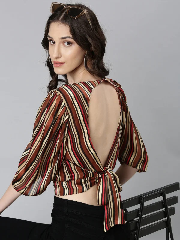 Special Offer Women Brown Striped Styled Back Crop Top