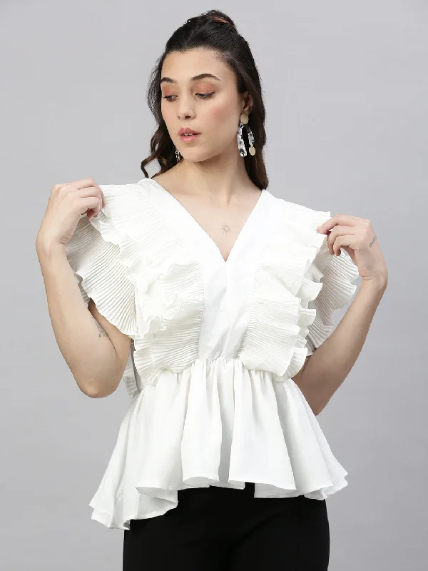 Weekend Discounts to Enjoy Women Solid White Cinched Waist Top