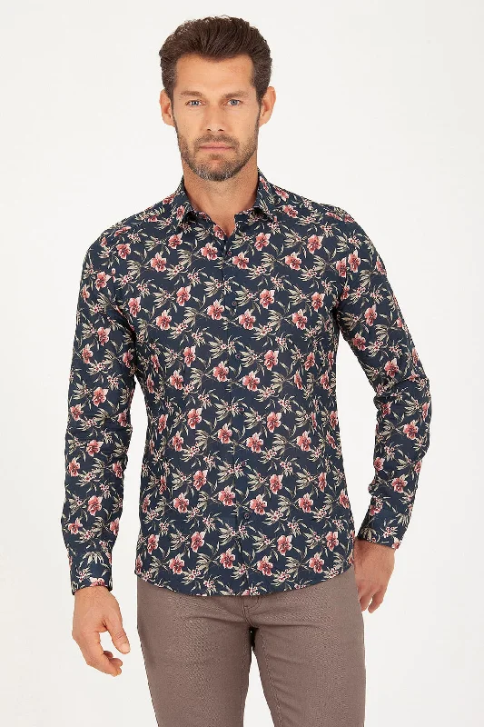 Weekend Savings Spectacle Slim Fit Printed Cotton Floral Navy Casual Shirt