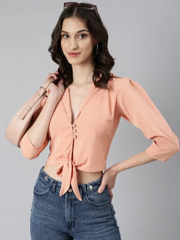Weekend Deals That Please Women Peach Solid Shirt Style Crop Top