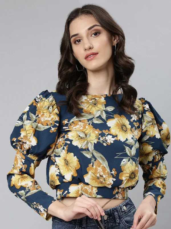 Midnight Madness Women Teal Floral Blouson Crop Top