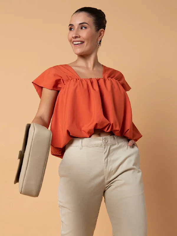 Year-End Deals Women Solid Orange Blouson Top