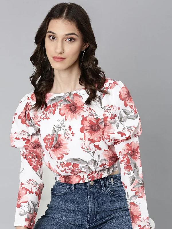 Weekend Savings Bonanza Women White Floral Blouson Crop Top