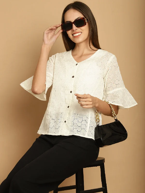 Weekend Offers That Shine Embroidered Cotton V-Neck Top for Women