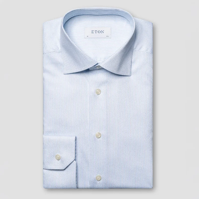 Weekend Offers That Delight Light Blue Striped Cotton-Tencel Contemporary Fit Shirt - ETON