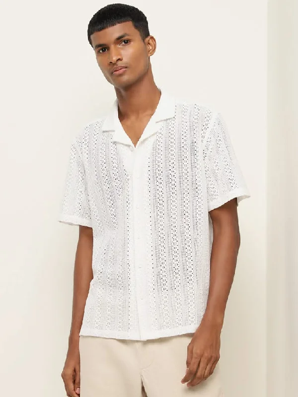 Weekend Specials to Grab ETA White Knit-Textured Relaxed-Fit Cotton Shirt