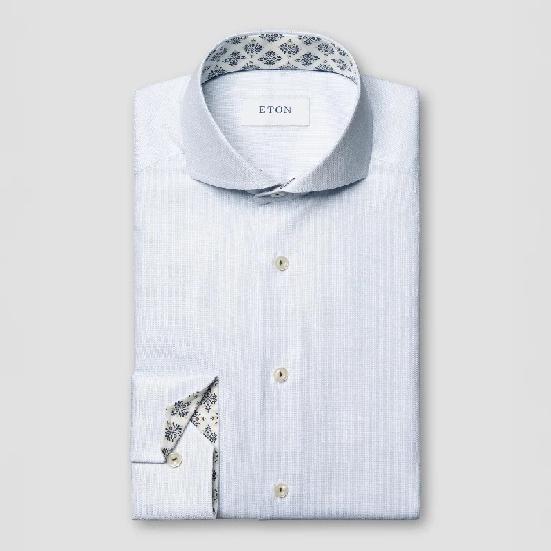 Savings Soar This Weekend Light Blue Semi-Solid Cotton Tencel Contrast Trim Slim Fit Shirt - ETON