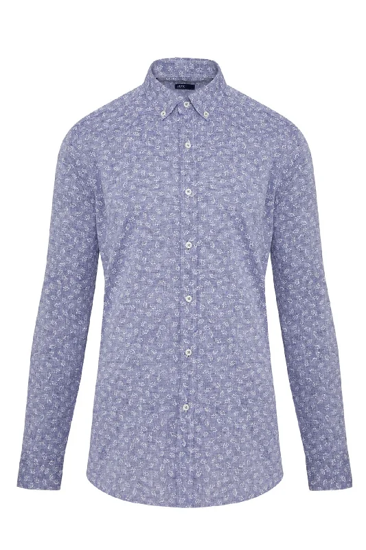 Weekend Savings Sensation Slim Fit Printed Linen & Cotton Navy Casual Shirt