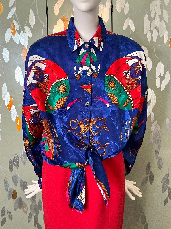 Weekend Offers That Please Vintage 1980s Blue and Red Satin Print Long Sleeve Button Up Shirt, L-XL