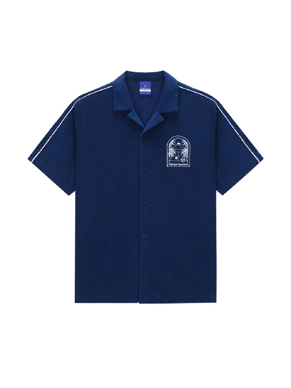 Weekend Savings Delight Monte Carlo Terry Button-Up Cabana Shirt- Navy