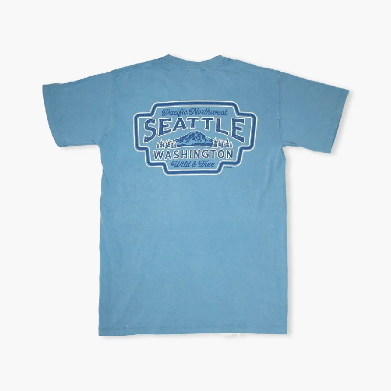Weekend Steals Await Seattle Rainier Brand Logo Ice Blue T-Shirt