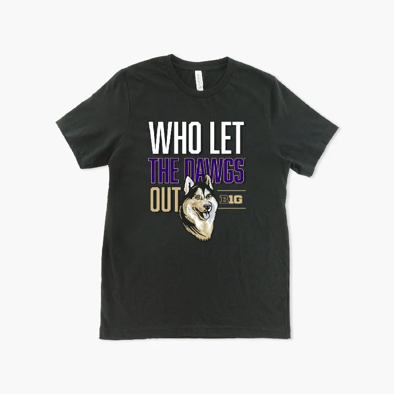 Mega Deal Washington Huskies Big Ten Who Let The Dawgs Out Black T-Shirt